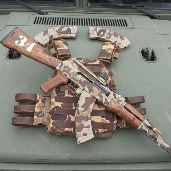 Custom camo rifle on tactical vest