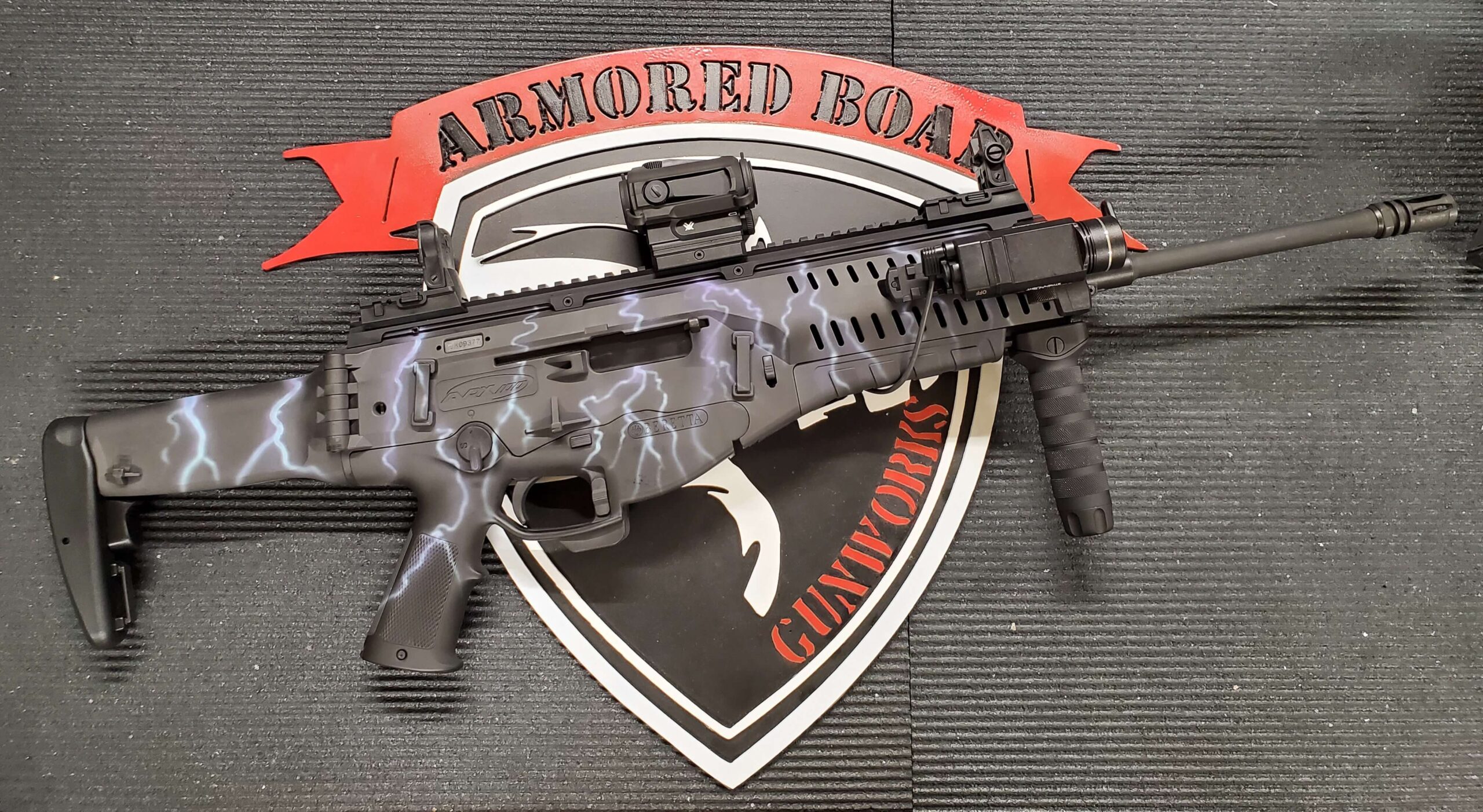 Custom rifle with lightning-themed finish